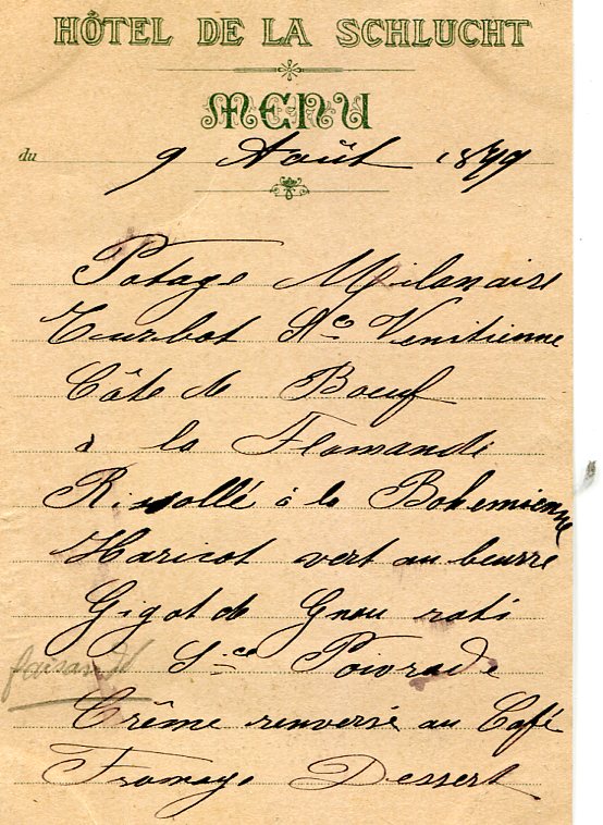 Menu de l'Hôtel de la Schlucht